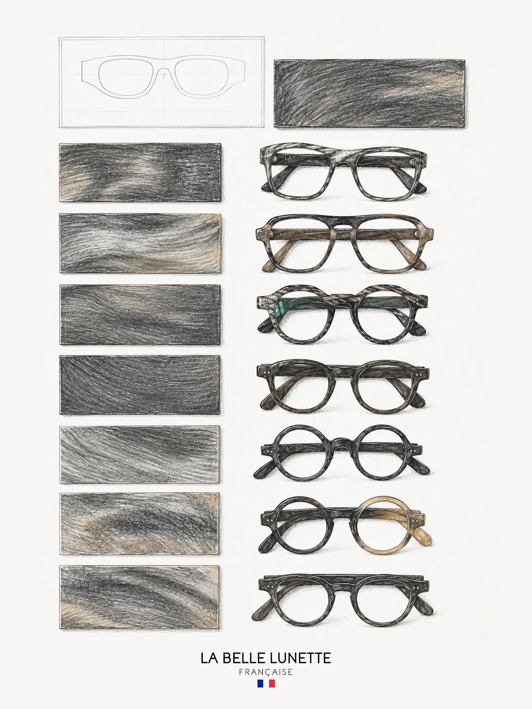 La Belle Lunette Française, collection corne : planche dessinée des plaques de corne et de sept montures